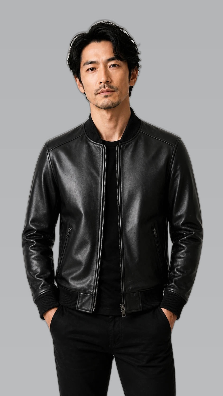 Japanese collection jacket on consistent cool gray background