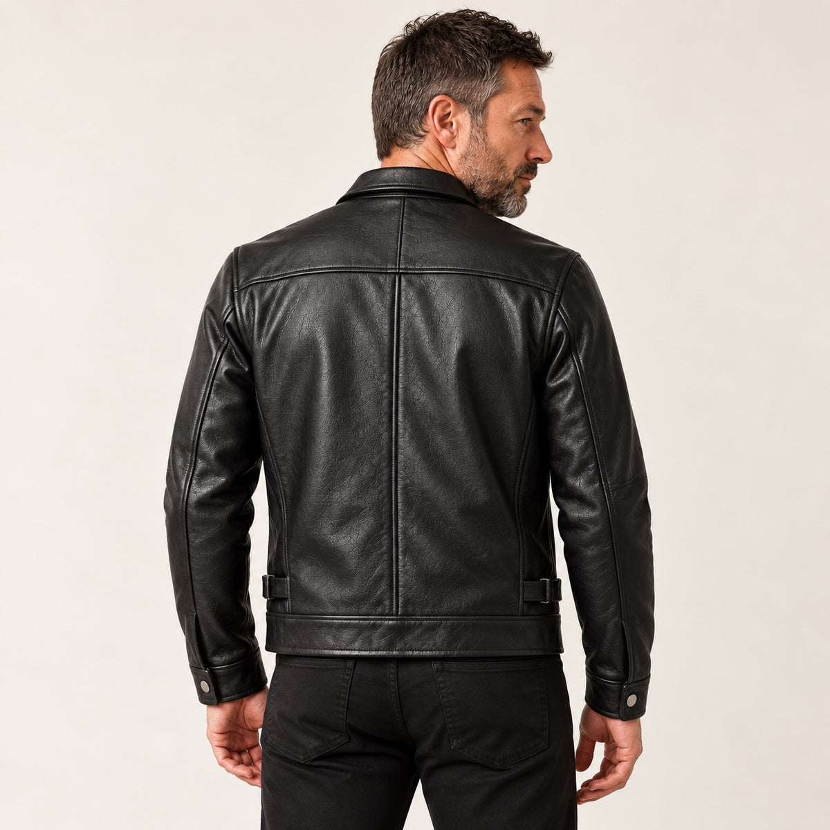 Black Classic-Collar Cowhide Jacket — British model — back