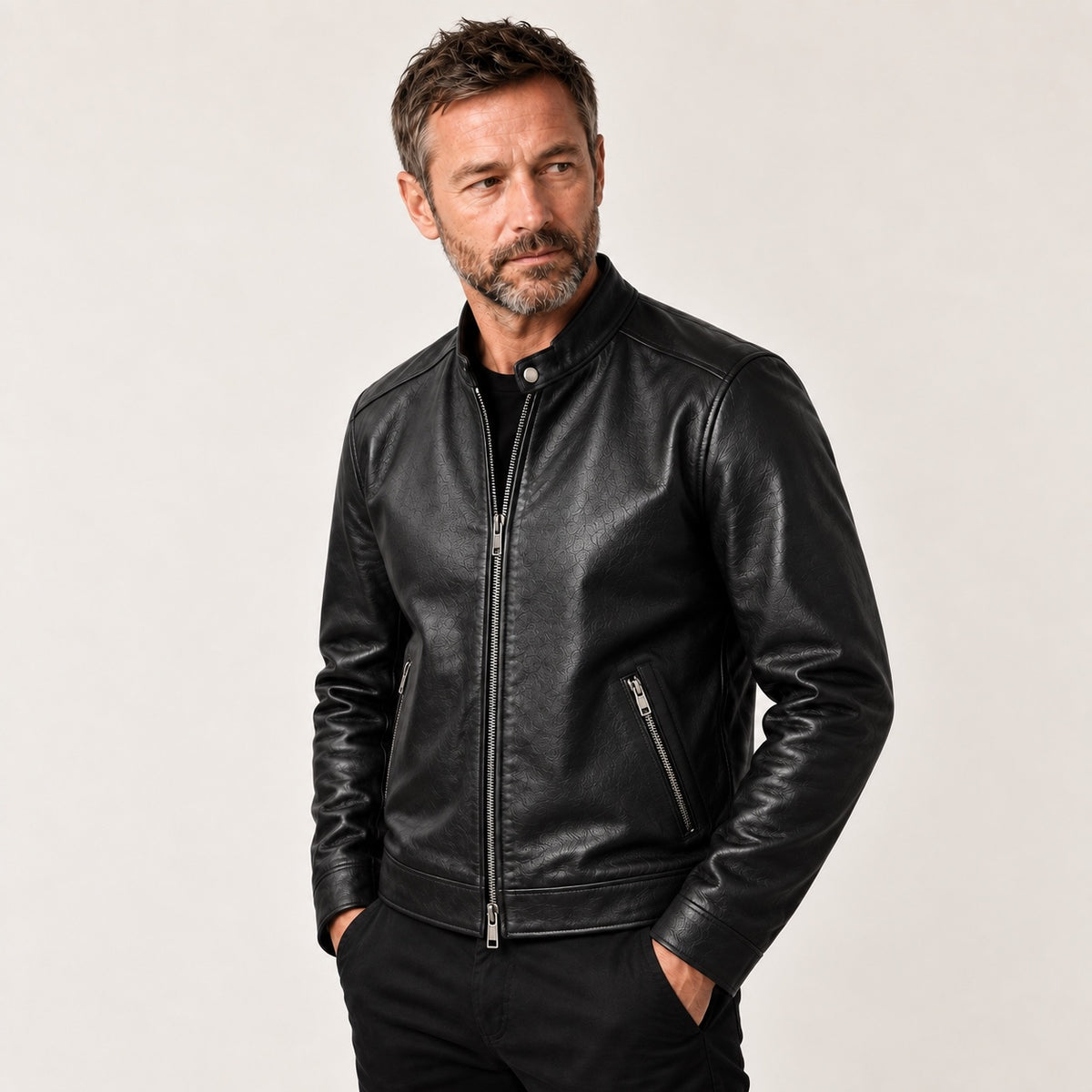 Black Stand-Collar Cowhide Jacket — British model — three quarter