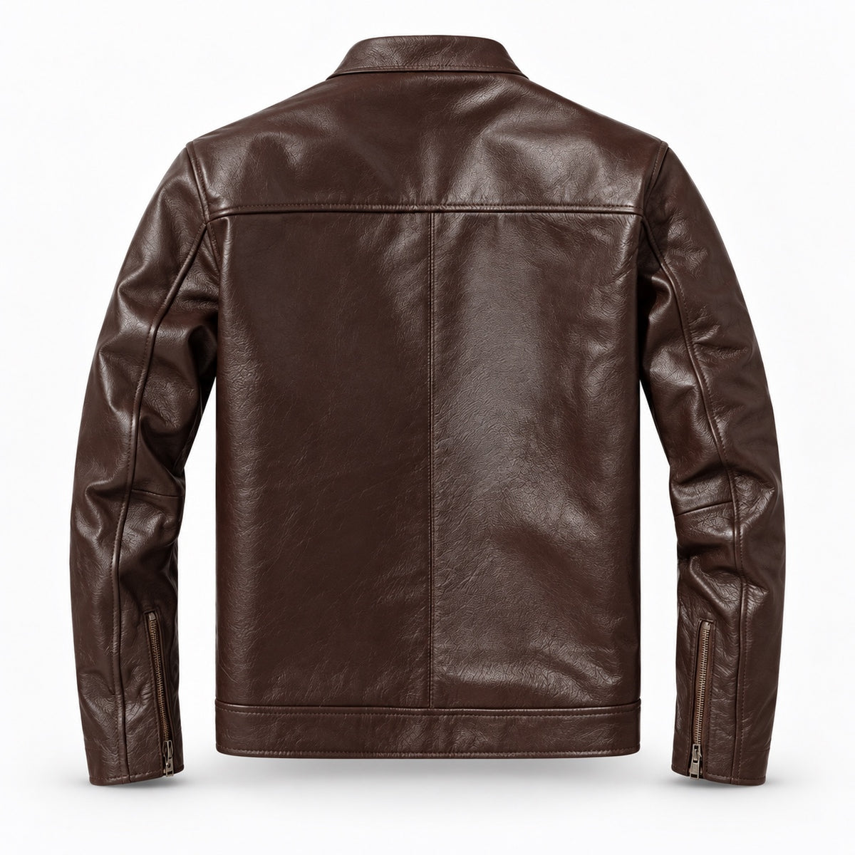 Dark brown stand-collar cowhide jacket — clean back view